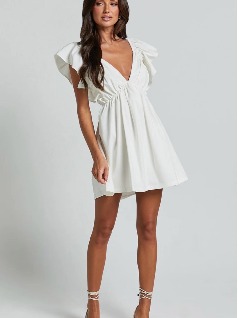 Showpo White V-Neck Flutter Sleeve Mini Dress off white
